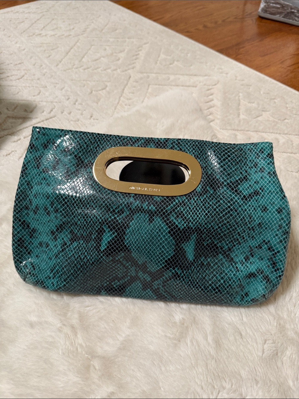 MICHAEL Michael Kors Teal Snake-Print Clutch with Gold-Tone Cutout Handle